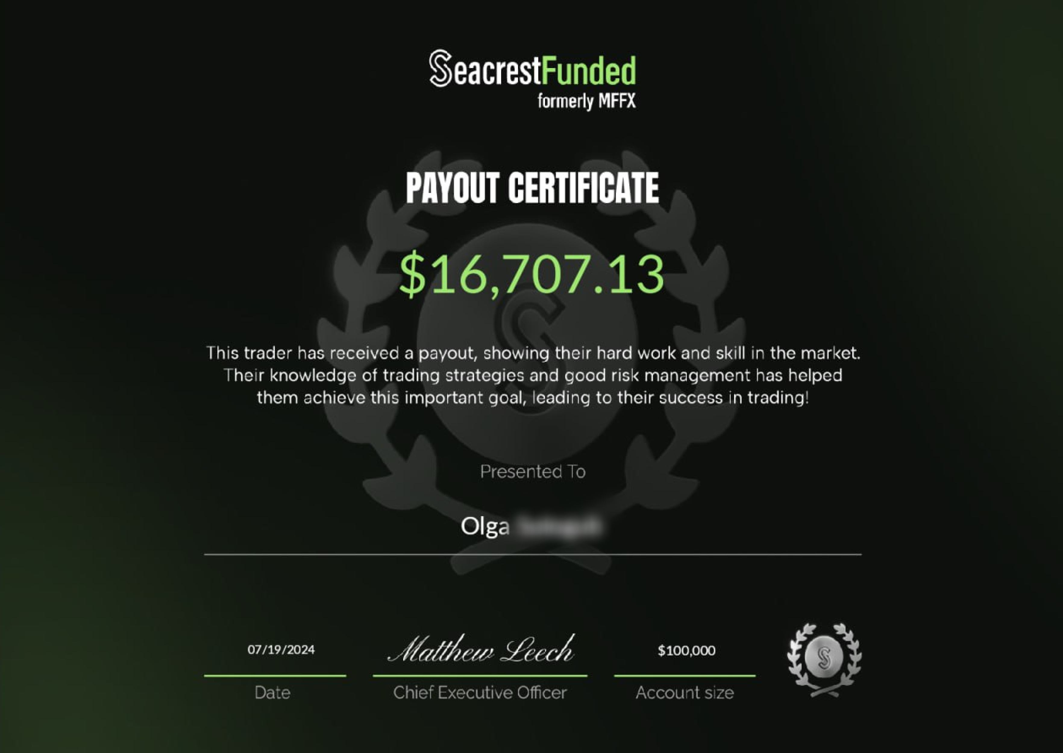 Payout certificate Seacrest Funded
