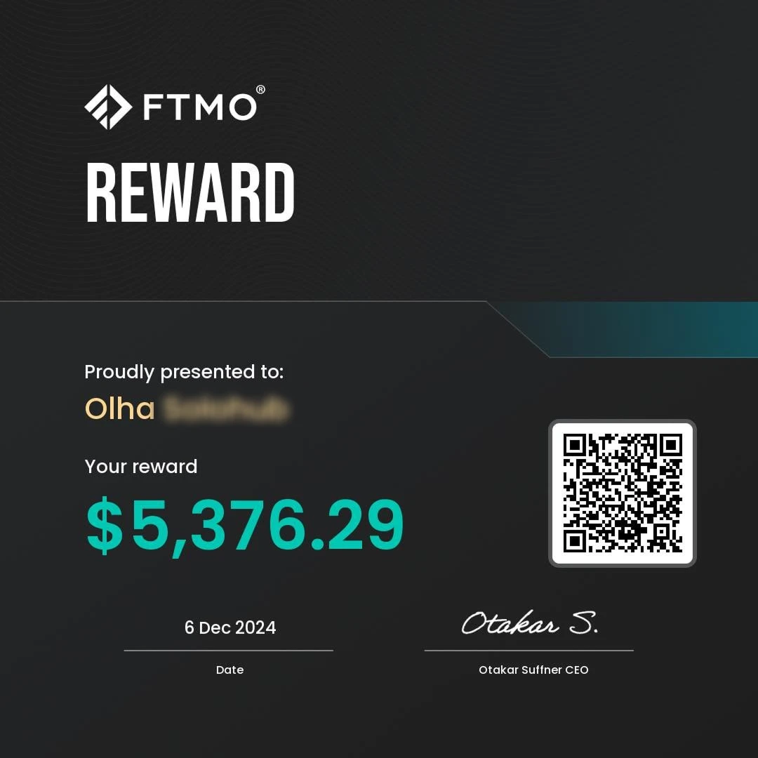 FTMO reward certificate