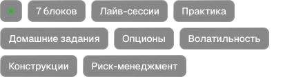7 блоків, Лайв-сесії, Практика, Тести, Опціони, Волатильність, Конструкції, Ризик-менеджмент