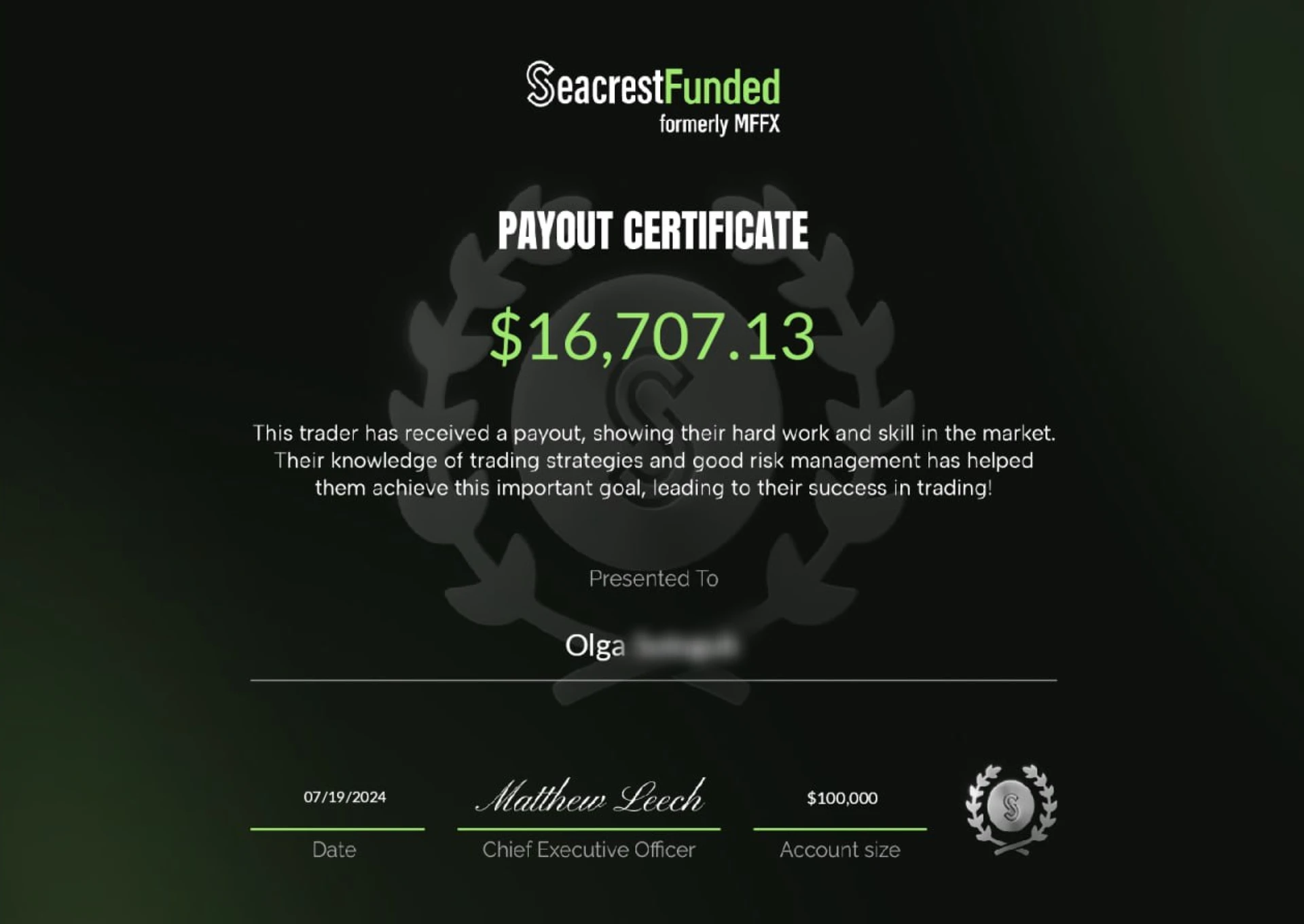 Payout certificate Seacrest Funded